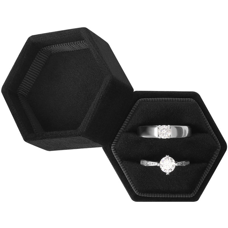 DesignSter Hexagon Velvet Ring Box - Premium Gorgeous Vintage Double Ring Display Holder with Detachable Lid for Proposal, Engagement, Wedding, Ceremony (Black) - Image 1